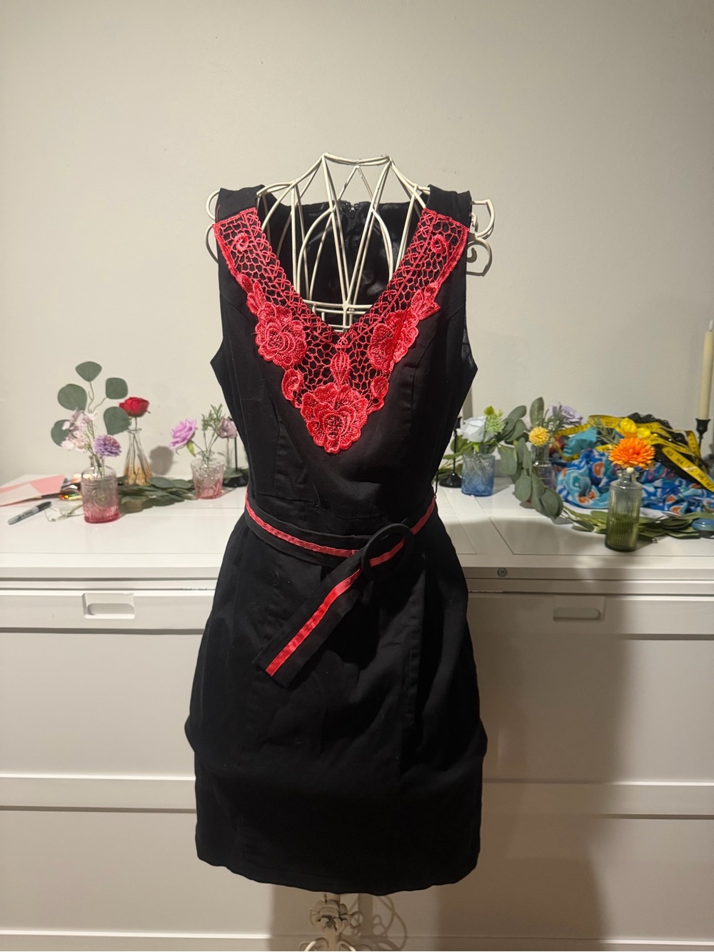 Maurices Black Midi Dress with Hot Pink Lace V-Neck and Matching Trim Belt